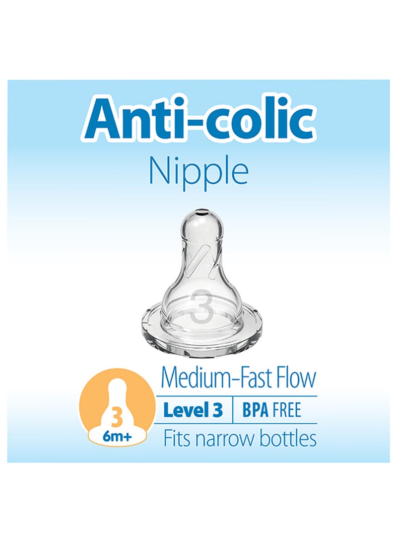 Dr. Brown’s - Pack Of 2 Baby Level-3 Silicone Narrow Neck Anti-Colic Nipples, 6 Months +, Medium-Fast Flow, Fits Narrow Bottles - Image 1