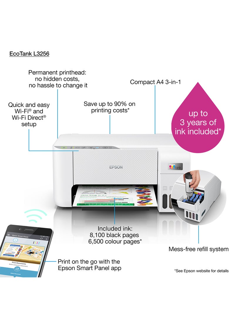إبسون طابعة Ecotank L3256 Home Ink Tank مقاس A4، ملونة، 3 في 1 مع اتصال واي فاي وتطبيق Smartpanel، أبيض أبيض - Image 3