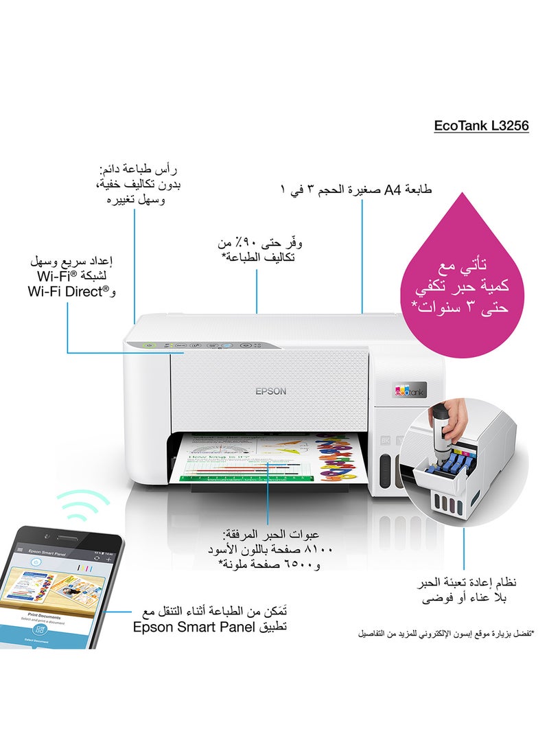 إبسون طابعة Ecotank L3256 Home Ink Tank مقاس A4، ملونة، 3 في 1 مع اتصال واي فاي وتطبيق Smartpanel، أبيض أبيض - Image 4