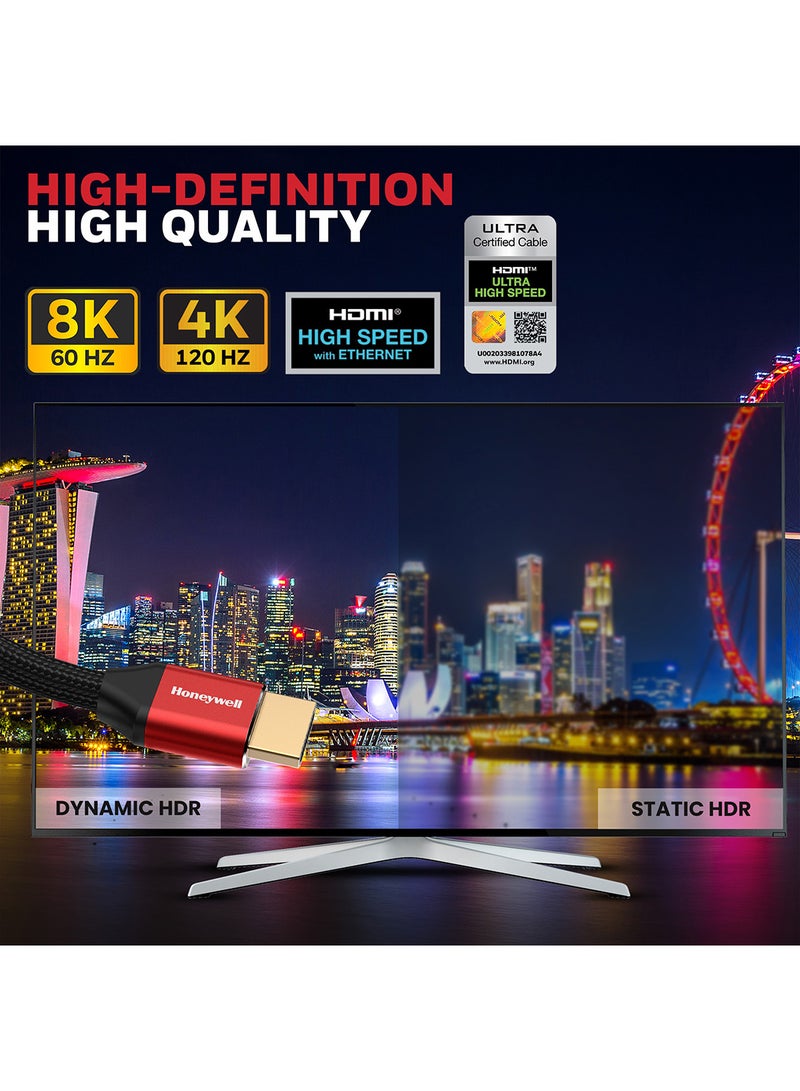 Honeywell 8K Hdmi 2.1 Cable 8K 60Hz Cable With Ethernet 4K 120Hz Uhd Resolution 48 Gbps High Speed Comaptible With Ps5/Xbox Series X/Samsung/ Lg 8K Tv/Home Theater Soundbar Gaming Console Pc Laptop Red Black2.1 Red Black-2.1  - Image 4