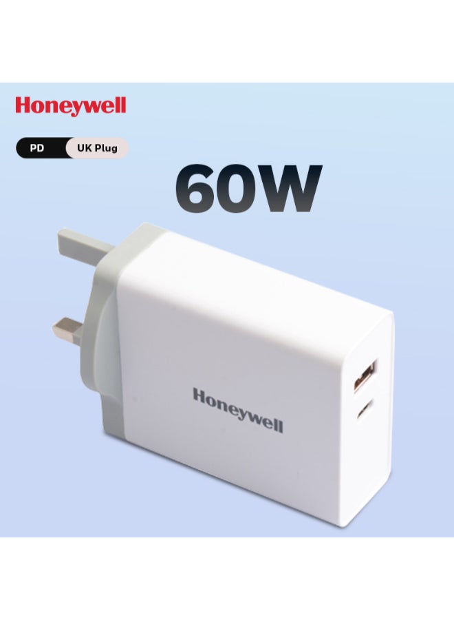 Honeywell - Zest Charger PD60W, ECAS Certified, With Type C PD 2.0 & USB-A Port, Qualcomm Compliant, Quick Charge 3.0 Tech, Compatible for iPhone, MacBook Air, iPad Pro, Pixel, Galaxy, Laptops, etc. White - Image 1
