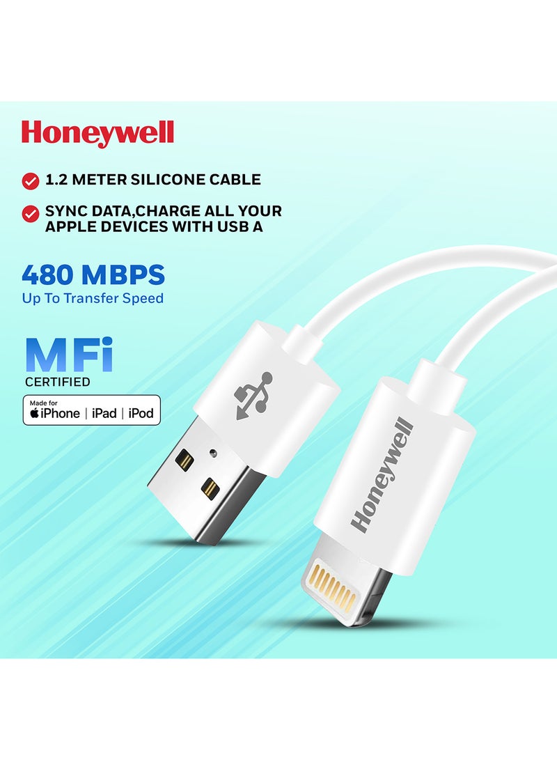 Honeywell - iPhone Lightning Cable 1.2mtr MFI Certified Compatible With iphone 14/13/12/11 Series, ipad, ipod Upto 480mbps Transfer Speed - Non-Braided White - Image 1