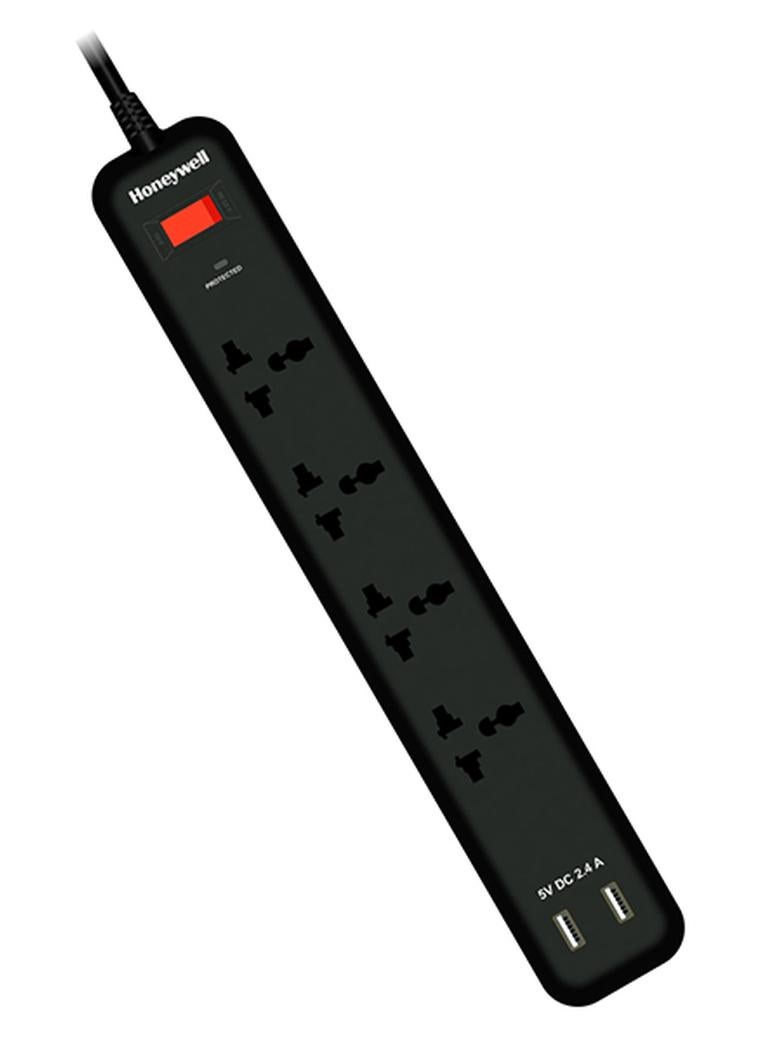 Honeywell 4 Out Surge Protector With Master Switch Spike Guard/Extension Board/Power Strip 4 Outlet 2Xusb 2 Meter Extension Cord 525 Joules Dsw Automatic Over Heat And Overcurrent Protection 3 Yrs Manufacturer Warranty Blackvalue Series Black-Value Series - Image 1
