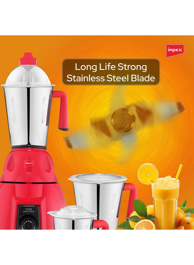Impex - 3 IN 1 Mixer Grinder - Made in India, Powerful Copper Motor, 1.5 LTR Liquidiser Jar, 1.2 LTR Dry Jar, 0.4 LTR Chutney Jar, 3 Speeds, Unbreakable Coupler, With Overload Protection 750 W BL 320C Red - Image 1