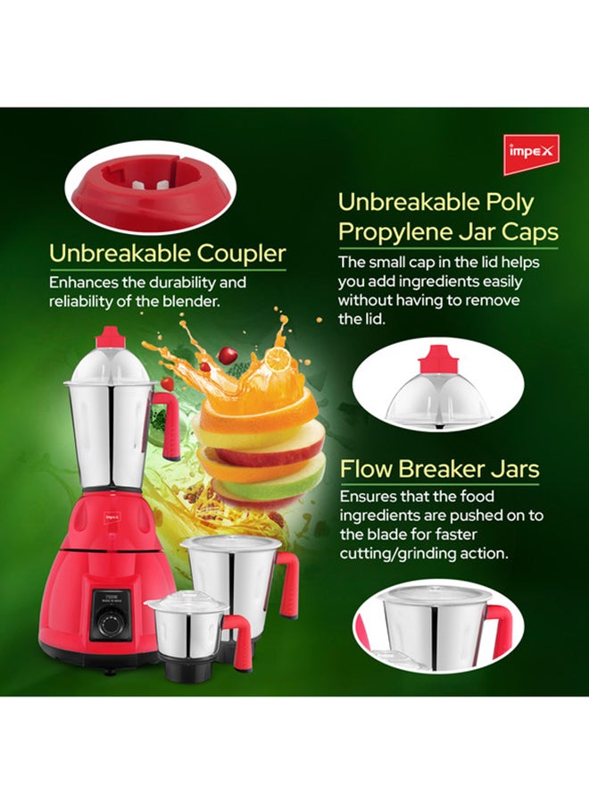 Impex - 3 IN 1 Mixer Grinder - Made in India, Powerful Copper Motor, 1.5 LTR Liquidiser Jar, 1.2 LTR Dry Jar, 0.4 LTR Chutney Jar, 3 Speeds, Unbreakable Coupler, With Overload Protection 750 W BL 320C Red - Image 1