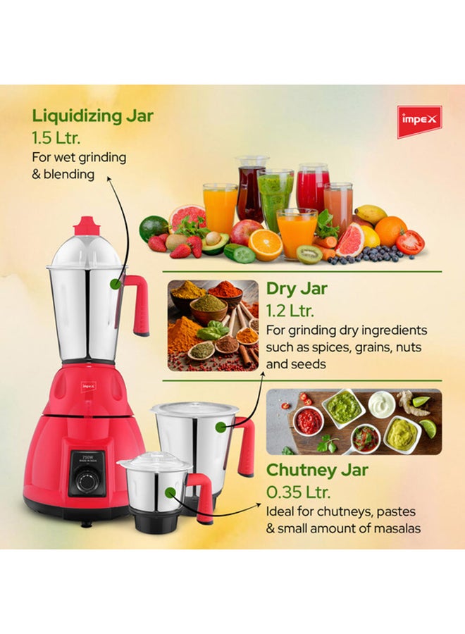 Impex - 3 IN 1 Mixer Grinder - Made in India, Powerful Copper Motor, 1.5 LTR Liquidiser Jar, 1.2 LTR Dry Jar, 0.4 LTR Chutney Jar, 3 Speeds, Unbreakable Coupler, With Overload Protection 750 W BL 320C Red - Image 1