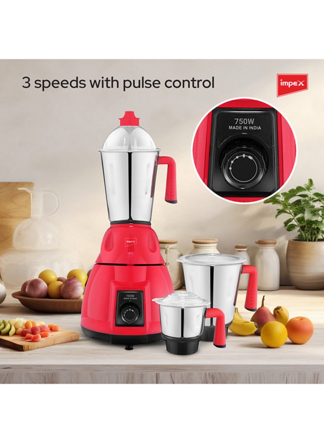 Impex - 3 IN 1 Mixer Grinder - Made in India, Powerful Copper Motor, 1.5 LTR Liquidiser Jar, 1.2 LTR Dry Jar, 0.4 LTR Chutney Jar, 3 Speeds, Unbreakable Coupler, With Overload Protection 750 W BL 320C Red - Image 1