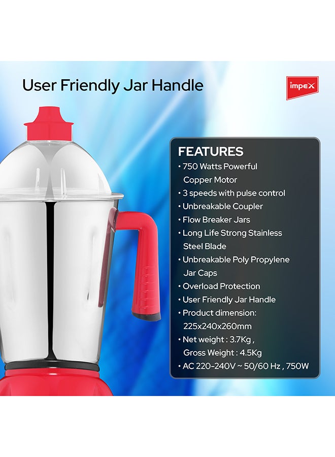 Impex - 3 IN 1 Mixer Grinder - Made in India, Powerful Copper Motor, 1.5 LTR Liquidiser Jar, 1.2 LTR Dry Jar, 0.4 LTR Chutney Jar, 3 Speeds, Unbreakable Coupler, With Overload Protection 750 W BL 320C Red - Image 1