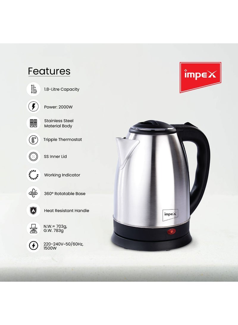 Impex - Stainless Steel Electric Kettle With Triple Thermostat And Heat Resistant Handle 1.8 L 1500 W 1803 Silver - Image 1