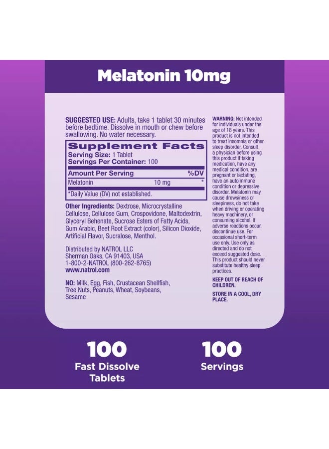 NATROL - Sleep Melatonin 10mg, Fast Dissolve 100 Tablets Packaging May Vary - Image 1