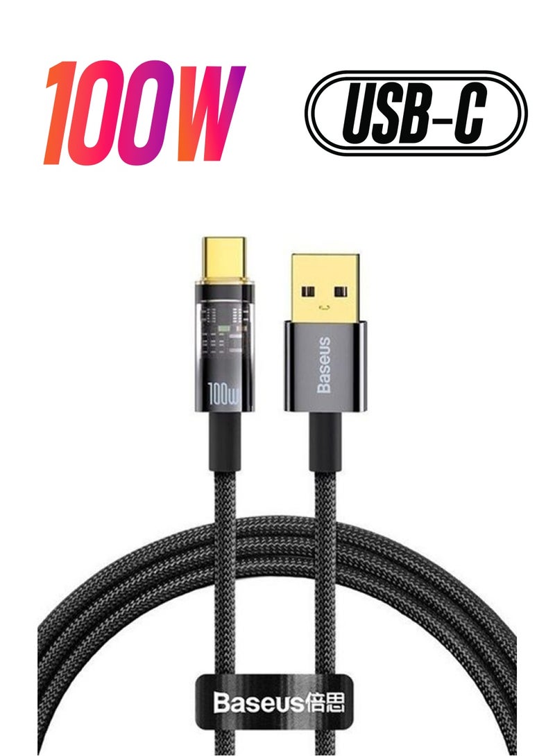 بيسوس كابل بيانات وشحن سريع من USB إلى Type-C من سلسلة إكسبلورر بقدرة 100 وات وبخاصية إيقاف التشغيل التلقائي لأجهزة هواوي وهونر وشاومي وكل الأجهزة بمنفذ Type C بتيار 6 أمبير وبطول 1 متر أسود - Image 1