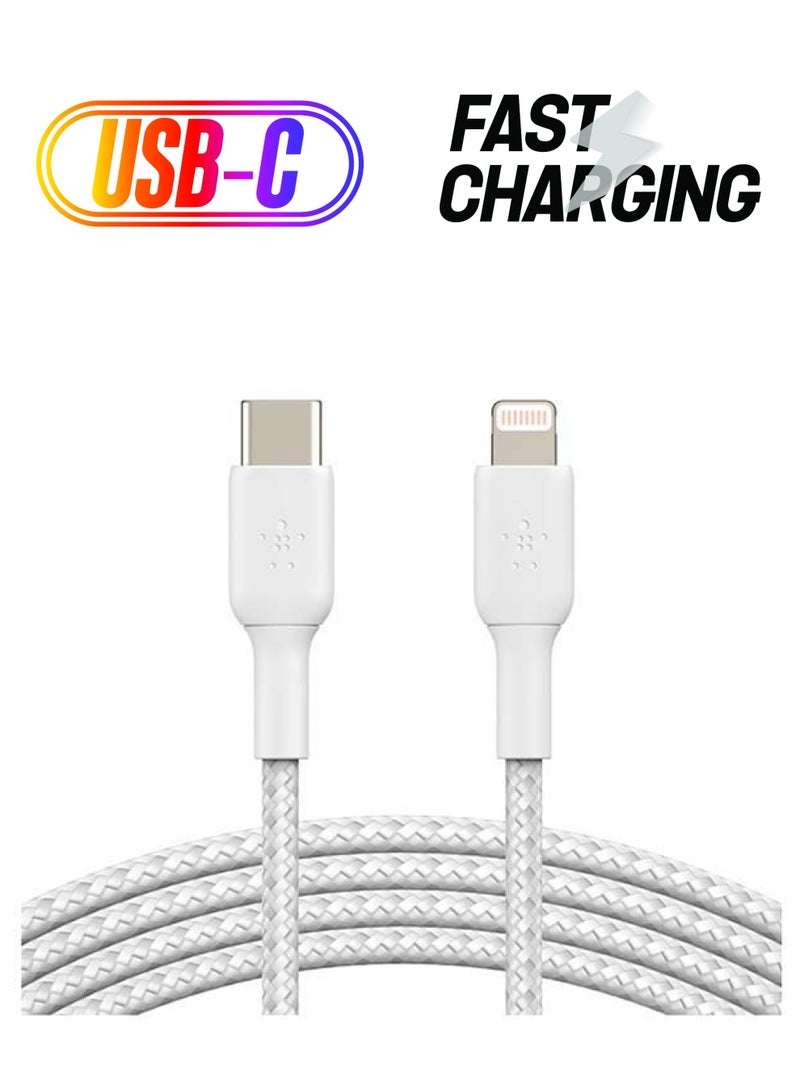 belkin Braided USB-C to Lightning Cable (iPhone Fast Charging Cable for iPhone 14, 13, 12 or earlier) Boost Charge MFi-Certified iPhone USB-C Cable 2m White  - Image 1