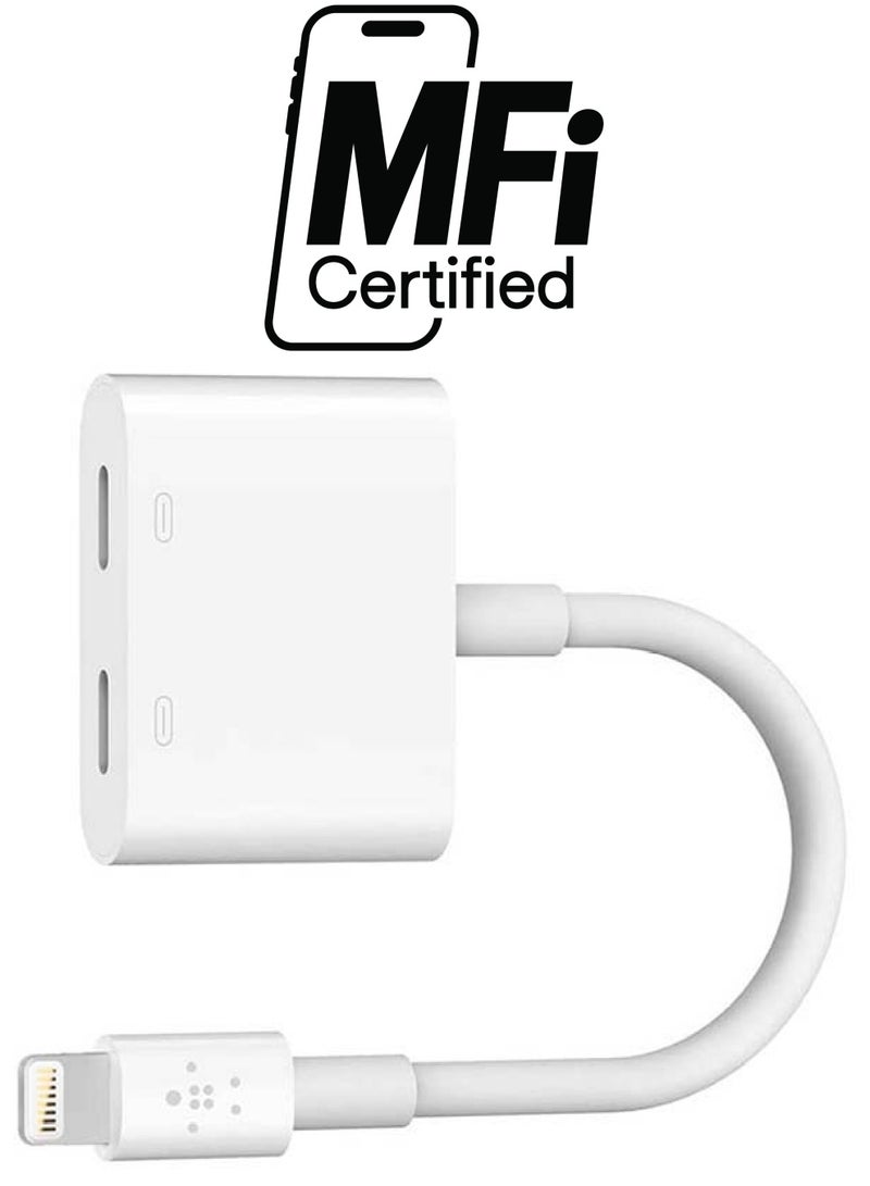 belkin - LightnIng + ChargIng   Dual Functionality Adapter For iPhone And iPad Pass Through ChargIng LightnIng Audio Headphones   Compatible For iPhone 12131415 & iPad White - Image 1