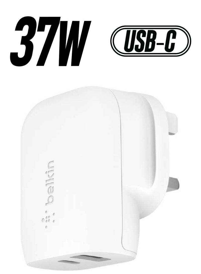 belkin Dual Port Wall Charger   37W USB Type C Charger PPS PD With 25W USB C Port And 12W USB A Port   Adapter Type C Fast ChargIng For Samsung Galaxy S23 Ultra Plus Note 20 iPhone 14 Series And More White  - Image 1