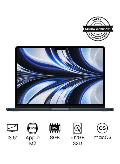 MacBook Air MLY43 13-Inch Display : Apple M2 chip with 8-core CPU and 10-core GPU, 512GB SSD, English Arabic Keyboard Midnight