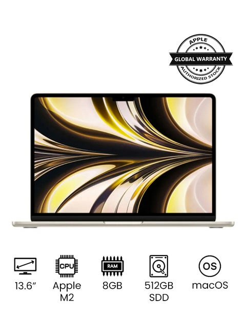 MacBook Air MLY23 13-Inch Display : Apple M2 chip with 8-core CPU and 10-core GPU, 512GB SSD, English Arabic Keyboard Starlight