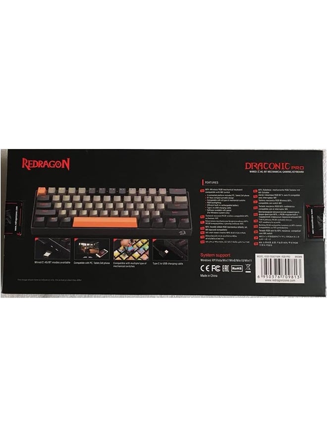 REDRAGON - Redragon K530 DRACONIC RGB PRO 60% Wireless 2.4Ghz /Bluetooth/Wired 3-Mode 61 Keys Compact Mechanical Gaming Keyboard – Dust Proof Brown Switches (K530-OG&GY&BK-RGB-PRO) - Image 1