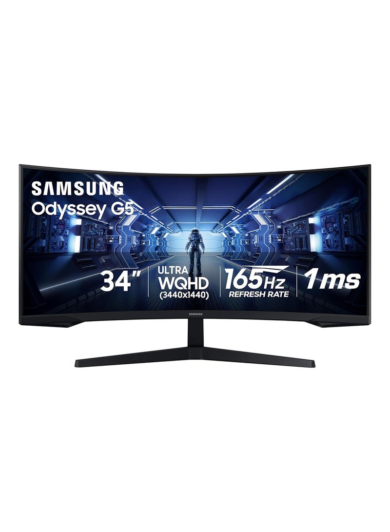 سامسونج شاشة أوديسي G5 منحنية للألعاب مقاس 34 بوصة بدقة واسعة رباعية فائقة الوضوح (3440x1440)، بتقنية  VA Panel، وزمن استجابة ثانية واحدة، ومعدل تحديث بتردد 165 هرتز، وتقنية Free Sync Premium أسود - Image 1