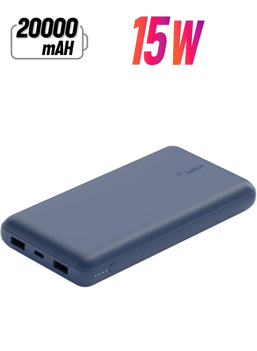 20000 mAh BoostCharge 3-Port 20K Power Bank With USB-C 15W, Dual USB-A, 15cm USB-A to USB-C Cable, for Apple iPhone 16 Or Older, Google, Samsung, Huawei - Blue