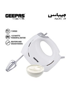 Hand Mixer- 2 beaters and 2 dough hooks- Professional Food & Cake Mixer for Baking | 7 Speed Function, Includes Chrome Extra Long Beaters and Dough Hooks, Lightweight & Powerful 150 W GHM9899 White