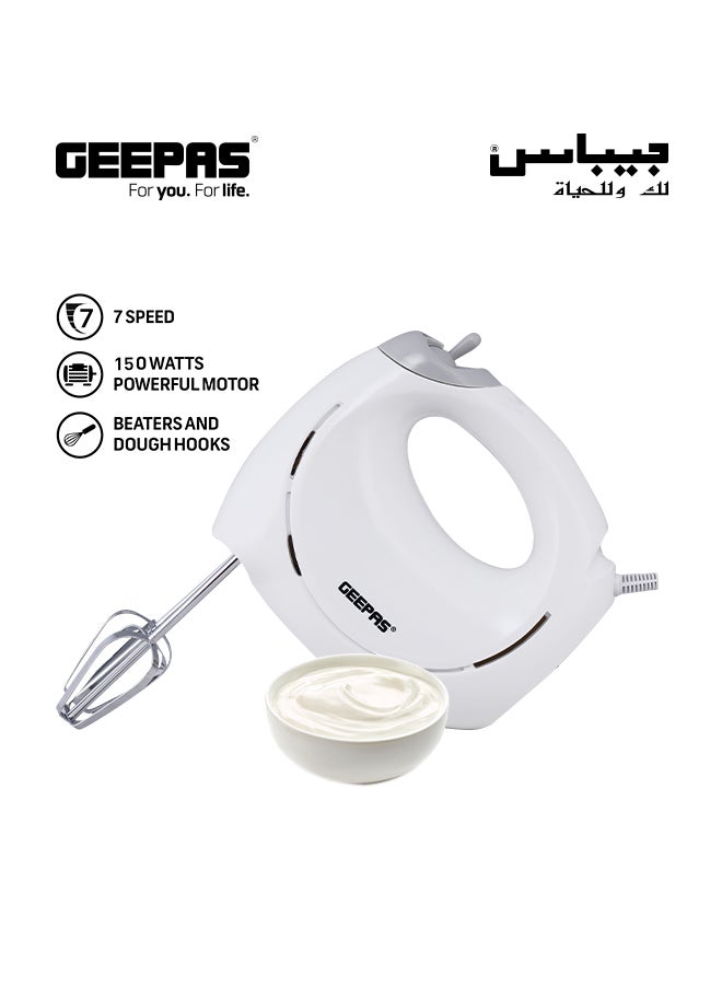 GEEPAS - Hand Mixer- 2 beaters and 2 dough hooks- Professional Food & Cake Mixer for Baking | 7 Speed Function, Includes Chrome Extra Long Beaters and Dough Hooks, Lightweight & Powerful 150 W GHM9899 White - Image 1