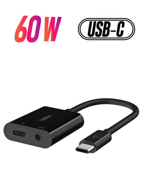 Rockstar 3.5mm Audio + USB-C Charge Adapter, USB-C Audio Adapter Compatible with iPad Pro 12.9, 11, Galaxy, Pixel, OnePlus and More Black