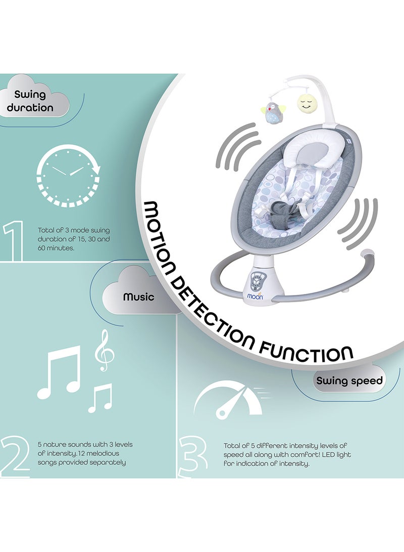 Moon - 5 Point Harness Baby Swing Circle, 0-6M, Holds Upto 9Kg With Remote Control - Grey - Image 1