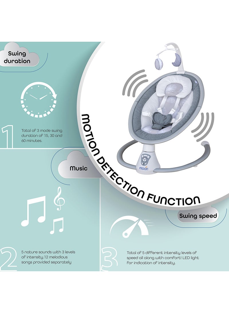 Moon - 5 Point Harness Baby Swing Grey, 0-6M, Holds Upto 9Kg With Remote Control - Blue - Image 1