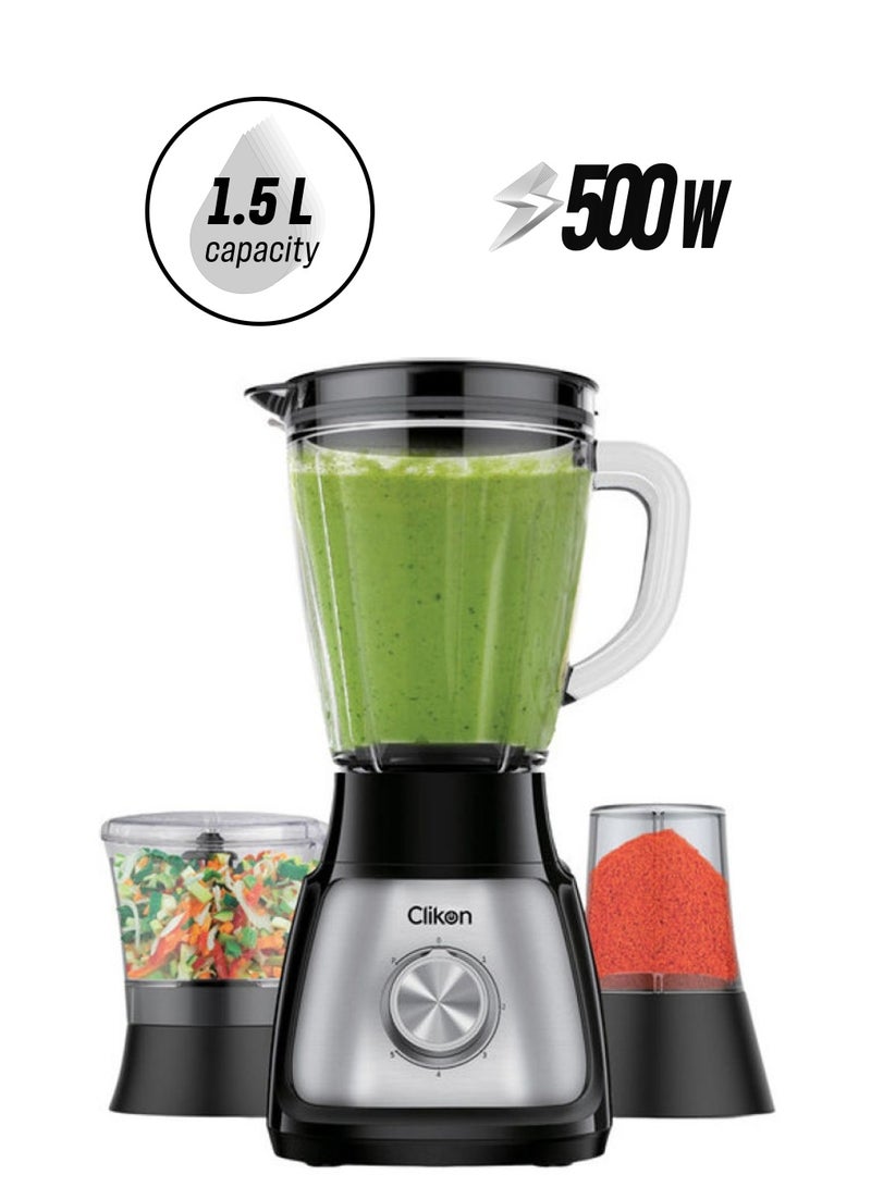 كليكون خلاط 3 في 1 مع شفرات من الفولاذ المقاوم للصدأ، قوة مزج توربو 1.5 لتر، 500.0 وات CK2647 أسود/ فضي 1.5 L 500 W CK2647 فضي/ أسود