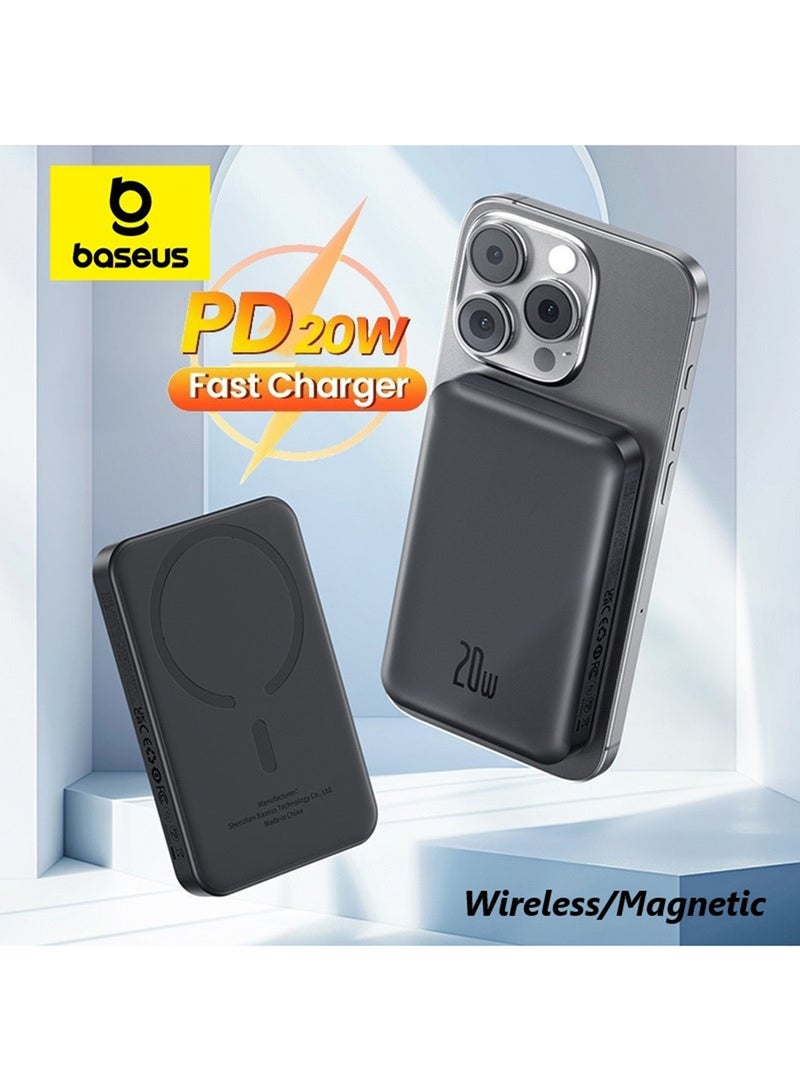 Baseus - MagSafe Power Bank for iPhone, 6000mAh 15W Wireless Portable Charger with PD 20W USB-C Port, Fast Charging MagSafe-Compatible Battery Pack for iPhone 16 Plus, 16 Pro, 16 Pro Max, 15 Pro Max, iPhone 15/15 Plus/14/13/12 Series, Compact and Lightweight 2024 Updated Version Black - Image 1