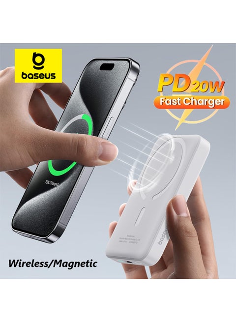 6000 mAh MagSafe Power Bank for iPhone, 6000mAh 15W Wireless Portable Charger with PD 20W USB-C Port, Fast Charging MagSafe-Compatible Battery Pack for iPhone 16 Plus, 16 Pro, 16 Pro Max, 15 Pro Max, iPhone 15/15 Plus/14/13/12 Series, Compact and Lightweight 2024 Updated Version White