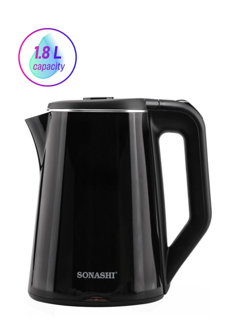 1.8 L Cordless Kettle - Stainless Steel Kettle with Double Layer Body | 360-degree Swivel Base - Auto Shutdown, Power On/Off Indicator Light Feature | Instant Water Heater And Tea Maker 1.8 L 2200 W SKT-1808N Black