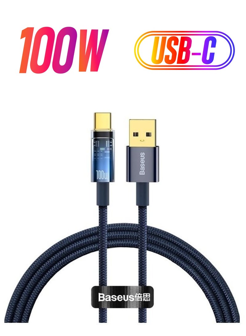 Baseus 100W USB To Type-C Explorer Series Auto Power-Off Fast Charging Data Cable for Huawei, Honor, Xiaomi and all Type C Devices 6A,1m, Blue - Image 1