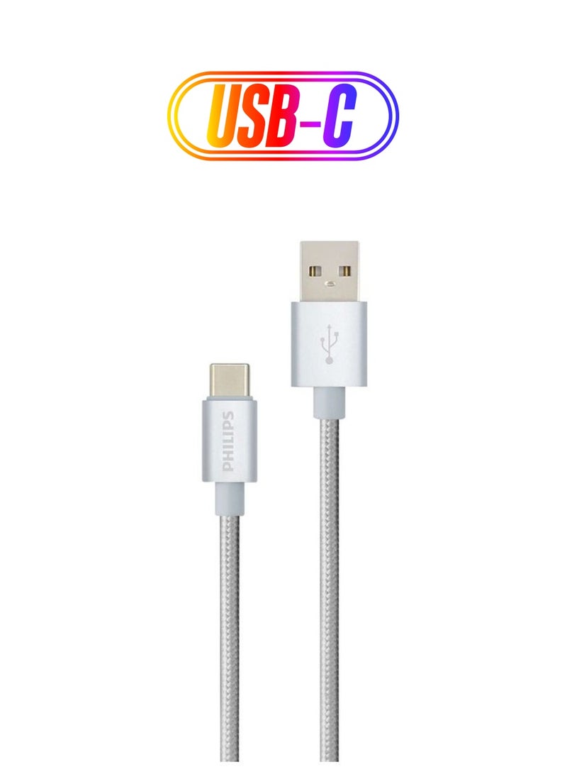 Philips USB- A to USB-C Braided Cable 1.2 meter Silver  - Image 1