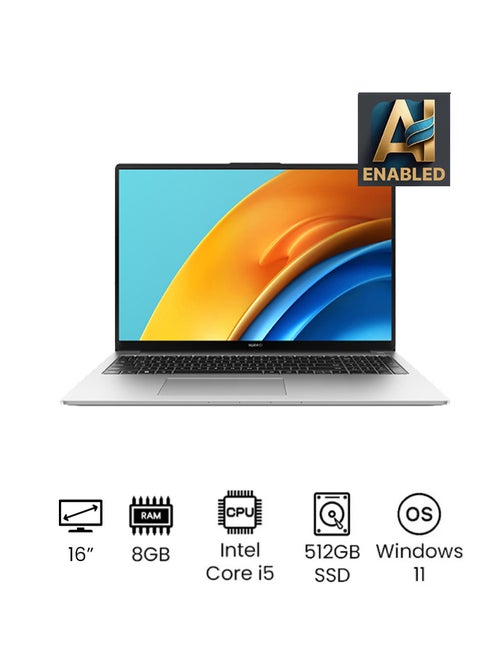 Matebook D 16 Laptop With 16-Inch Full HD With Eye Comfort Full View Display, Intel Core i5-12450H Processor/8GB RAM/512GB SSD/Intel Iris Xe Graphics/Windows 11/ English/Arabic Mystic Silver
