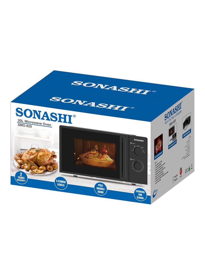 20L Microwave Oven - 245Mm Turntable Glass Tray With Defrost Setting | Manual Control Oven With Pull Handle Door And 6 Power Levels 20 L 700 W SMO-920 Black