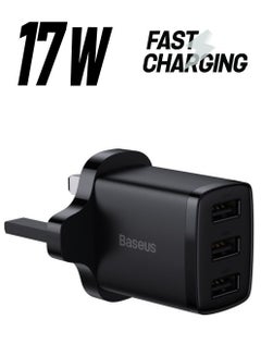 بيسوس شاحن جداري بتصميم مكعب مزود بـ3 منافذ USB بقدرة 17 وات وشدة تيار 3.4 أمبير بمحول تيار بقابس بريطاني مع تقنية الدوائر المكتملة الذكية لأجهزة آيفون، وآي باد، سامسونج جالاكسي، هواوي، وما غير ذلك لون أسود  - Image 1