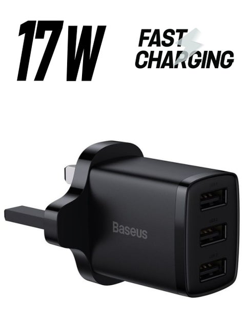 USB Wall Charger, 3-Port 17W/3.4A USB Charger Plug Cube Portable UK Power Adapter Plug with Smart IC Technology for iPhone, iPad, Samsung Galaxy, Huawei and etc Black