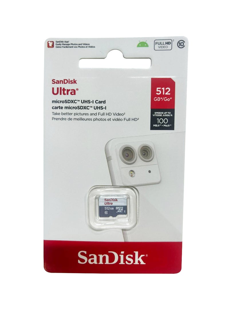 Sandisk 512GB Ultra microSDXC UHS-I Transfer Speeds of up to 100MB/s Read Speed Up to 100MB/s  SDSQUNR-512G-GN3MN 512 GB  - Image 1