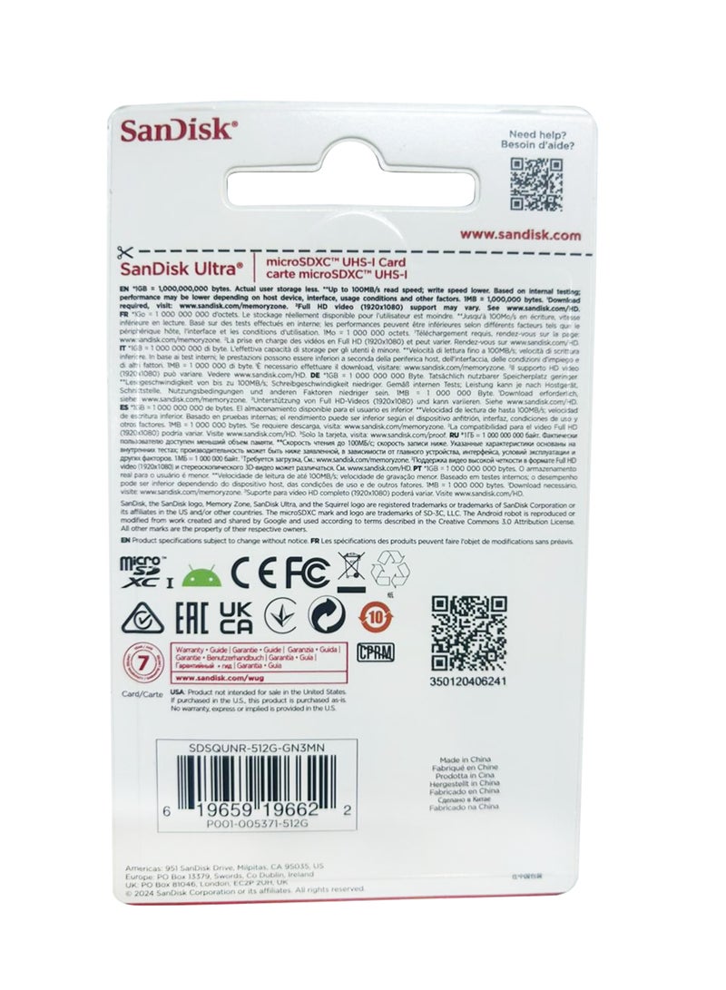 Sandisk 512GB Ultra microSDXC UHS-I Transfer Speeds of up to 100MB/s Read Speed Up to 100MB/s  SDSQUNR-512G-GN3MN 512 GB  - Image 2
