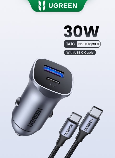 Car Charger Fast Charging PD 30W Dual Port USB C QCPD SCP Fast Charger Car Adapter With USB C Cable 1M Braided For iPhone 16 15 Series Galaxy S24 S23 Ultra iPad Pro Xiaomi Honor Apple Watch S10 Silver