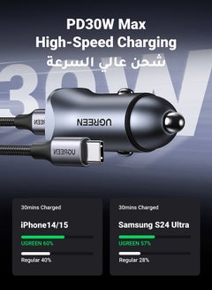 يو جرين شاحن سيارة سريع الشحن PD30W ثنائي المنافذ USB C QC / PD3.0 SCP محول هاتف السيارة سريع الشحن مع كابل USB C 1M مضفر متوافق مع ايفون 15 برو ماكس/15 برو/15 بلس/15/ 14 برو ماكس ون بلس 9/8 و جالاكسي و هواوي  - Image 3