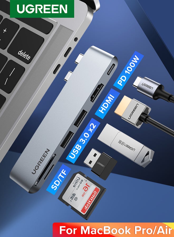 Ugreen - USB-C Multifunction Adapter made for Macbook Air/Pro 6-In-1 USB-C Adapter with 4K HDMI, Thunderbolt 3 Type-C Port, SD TF Card Reader, 2*USB 3.0 Compatible for Macbook Air/Pro M1 2021/2020/2019 Silver - Image 1