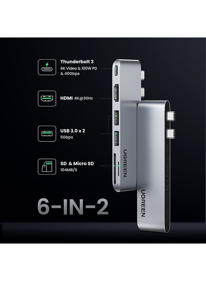 Ugreen - USB-C Multifunction Adapter made for Macbook Air/Pro 6-In-1 USB-C Adapter with 4K HDMI, Thunderbolt 3 Type-C Port, SD TF Card Reader, 2*USB 3.0 Compatible for Macbook Air/Pro M1 2021/2020/2019 Silver - Image 1