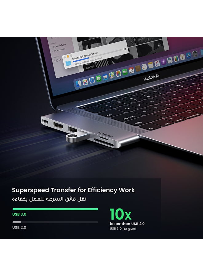 Ugreen - USB-C Multifunction Adapter made for Macbook Air/Pro 6-In-1 USB-C Adapter with 4K HDMI, Thunderbolt 3 Type-C Port, SD TF Card Reader, 2*USB 3.0 Compatible for Macbook Air/Pro M1 2021/2020/2019 Silver - Image 1