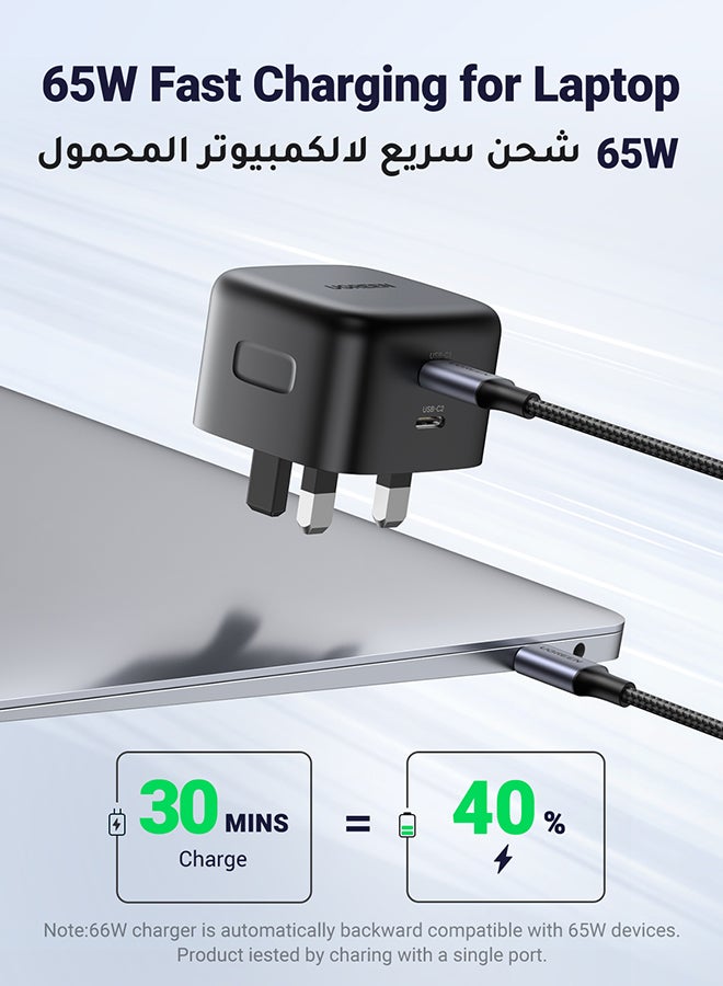 يو جرين - شاحن Gan قابس جداري 65 واط محول تايب سي بمنفذين توافق مع اللابتوب وماك بوك وهاتف آيفون 15 برو ماكس/15برو/14/13/12/11/ وسامسونج جالاكسي S23 الترا /S22/آيباد وميت بوك وهاتف ون بلس وهواوي لون أسود - Image 1