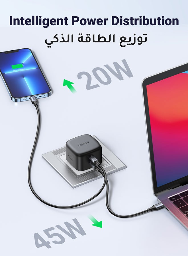 يو جرين - شاحن Gan قابس جداري 65 واط محول تايب سي بمنفذين توافق مع اللابتوب وماك بوك وهاتف آيفون 15 برو ماكس/15برو/14/13/12/11/ وسامسونج جالاكسي S23 الترا /S22/آيباد وميت بوك وهاتف ون بلس وهواوي لون أسود - Image 1