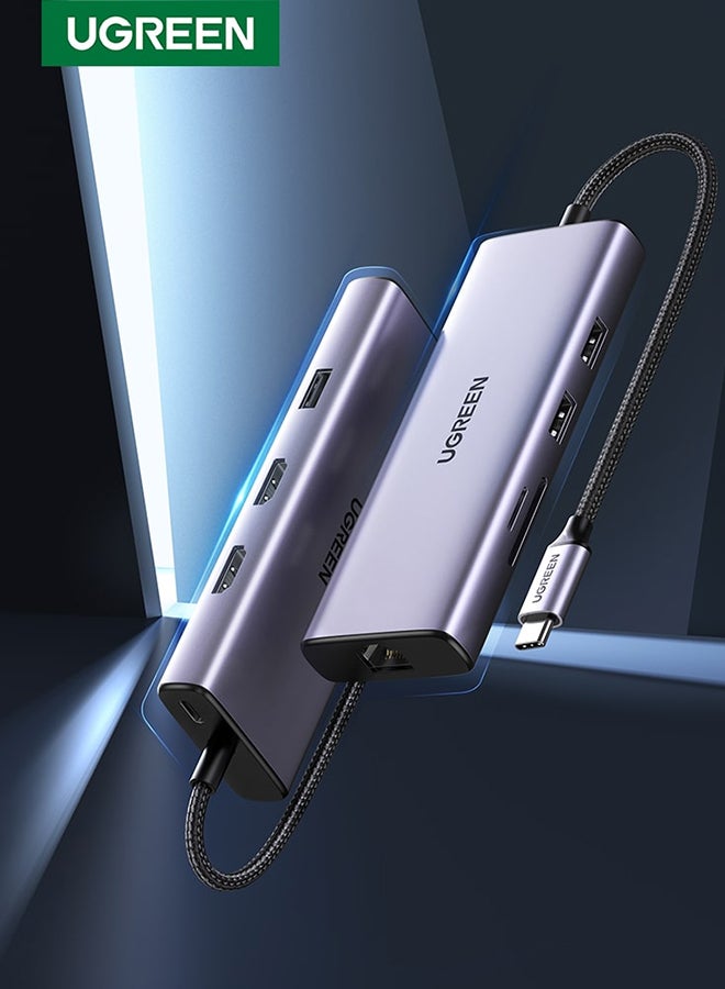 موزع USB C من 9 في 1 4K بتردد 60Hz مزدوج HDMI من تايب سي مع HDMI مزدوج وشحن PD و2 USB3.0 وUSB 2.0 وقارئ بطاقات SD/TF وRJ45 ايثرنت لماك بوك برو/اير وديل واتش بي والمزيد 