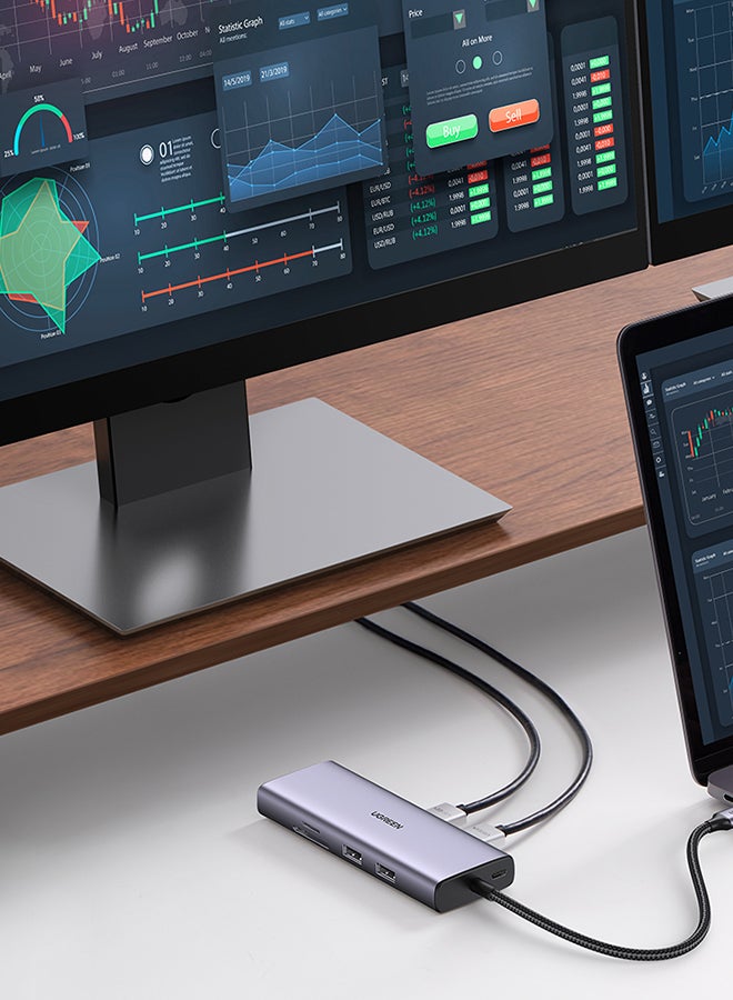 يو جرين - موزع USB C من 9 في 1 4K بتردد 60Hz مزدوج HDMI من تايب سي مع HDMI مزدوج وشحن PD و2 USB3.0 وUSB 2.0 وقارئ بطاقات SD/TF وRJ45 ايثرنت لماك بوك برو/اير وديل واتش بي والمزيد - Image 1