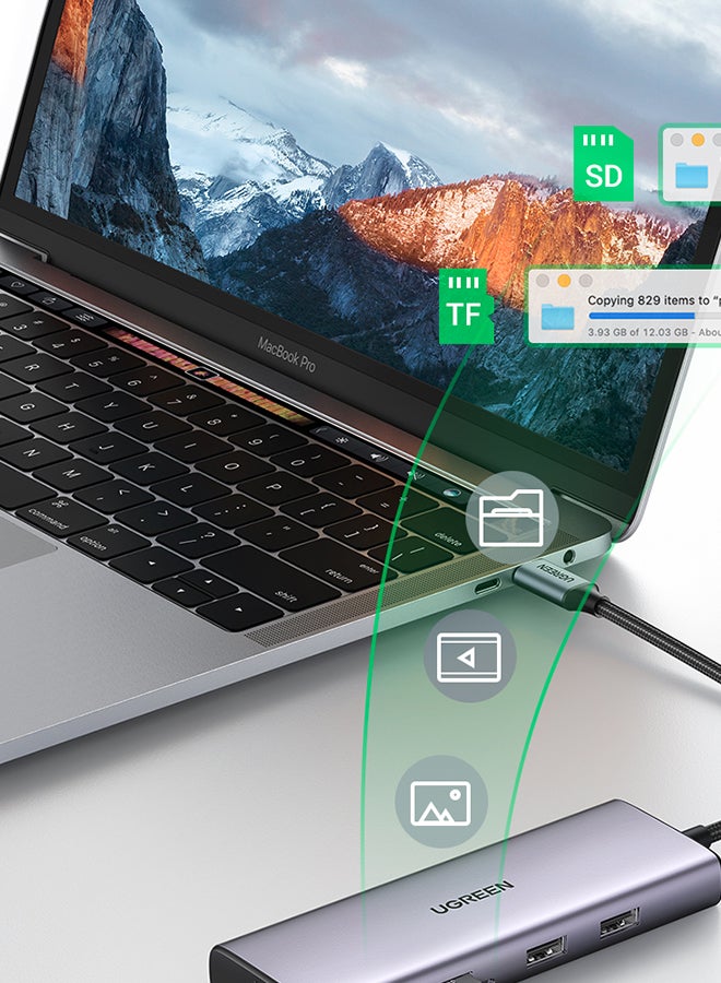 يو جرين - موزع USB C من 9 في 1 4K بتردد 60Hz مزدوج HDMI من تايب سي مع HDMI مزدوج وشحن PD و2 USB3.0 وUSB 2.0 وقارئ بطاقات SD/TF وRJ45 ايثرنت لماك بوك برو/اير وديل واتش بي والمزيد - Image 1
